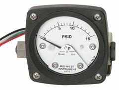 MIDWEST INSTRUMENT Differential Pressure Gauge & Switch: Back, 1/4 in NPT Female, 120, 2 1/2 in Dial (MPN 120-AA-00-O(CA)-10P). Key specifications — Sensor Type: Piston; Series: 120; Housing Material: Aluminum; Certificate of Calibration: Not Included; Gauge Accuracy: ±3-2-3%.