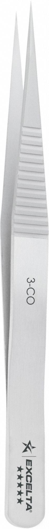 EXCELTA Tweezers: Cobalt, Point, Straight Tip, 0.0031 in Tip Thick (MPN 3-CO). Key specifications — attr1002355: Cobalt; attr1002345: EXCELTA; attr1002348: Cobalt; attr1002358: Serrated; attr1002361: 3-CO; attr1024781: Standard.