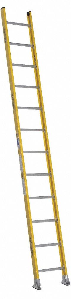 WERNER Straight Ladder: 12 ft Ladder Size, Fiberglass, 375 lb Load Capacity, 28 lb Wt, 12 Rungs (MPN 7112-1). Key specifications — Color: Yellow; Brand: WERNER; Included Features: Side Rail Bumpers; Shoe Type: Slip-Resistant.