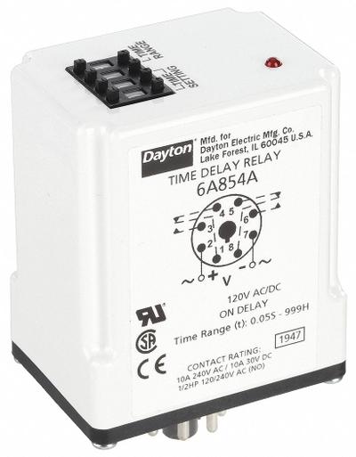 Dayton Single Function Time Delay Relay: Socket Mounted, 12V DC, 10 A, 8 Pins/Terminals - Socket-Mounted Relays