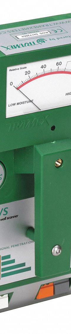 TRAMEX Moisture Meter: Analog, Pinless, Plywood (MPN RWS). Key specifications — Display Type: Analog; Compatible Material: Plywood; Brand: TRAMEX.