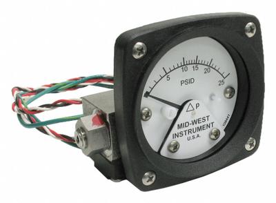 MIDWEST INSTRUMENT Differential Pressure Gauge & Switch: Back, 1/4 in NPT Female, 120 - Medium & High Operating Pressure Differential Gauges with Switch