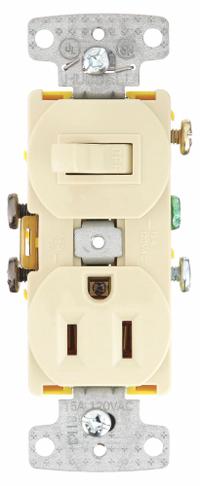 Combination Device: Toggle Switch, 5-15R, Ivory, 120V AC, 15 A (MPN RC108I). Key specifications — Brand: BRYANT.