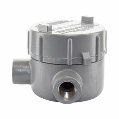 Conduit Outlet Body: Aluminum, GE, 3/4 in Trade Size, L Body, 19 cu in Body Capacity (MPN GECLT-2). Key specifications — Series: For Standard Body; Compatible Conduit Trade Size: 3/4 in; Thread Gender: Female; Hub Style: Threaded; Cover Included: Yes; Body Style: L; Connection Type: Threaded; Back Type: Flat.