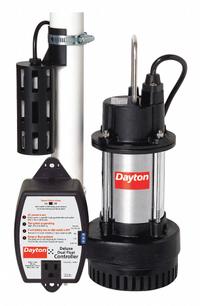 DAYTON Submersible Sump Pump: 1/3 hp, 120V AC, 50 gpm Flow Rate @ 10' of Head, 1 1/2 in FNPT, 4 A (MPN 1APP1). Key specifications — Rated Voltage: 120V AC; Brand: DAYTON; Switch: Piggyback Dual Micro-Reed.