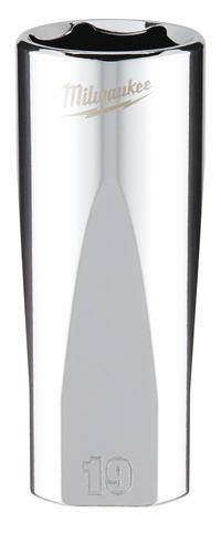 MILWAUKEE Deep Well Socket: Metric, 3/8 in Drive Size, 19 mm Socket Size, 6-Point, Deep, Chrome (MPN 45-34-0119). Key specifications — attr1204417: MILWAUKEE; attr1204392: Chrome.