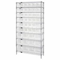 QUANTUM STORAGE SYSTEMS Shelving Unit: 36 in x 14 in x 74 in, 1 Sided, 48 Bins, Clear, 10 Shelves (MPN WR10-230240CL). Key specifications — Frame Color: Chrome; Bin HxWxD: (12) 5 x 8-1/4 x 14-3/4 in; Frame Material: Carbon Steel; Bin Color: Clear; Brand: QUANTUM STORAGE SYSTEMS.