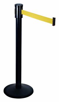RETRACTA-BELT Barrier Post with Belt: Yellow, No Pattern, No Legend, 15 ft Belt Lg, Black (MPN 321BA-YW). Key specifications — Base Material: Cast Iron; Belt Color: Yellow; Brand: RETRACTA-BELT; Post Material: Aluminum; Post Color: Black; Message: No Legend.