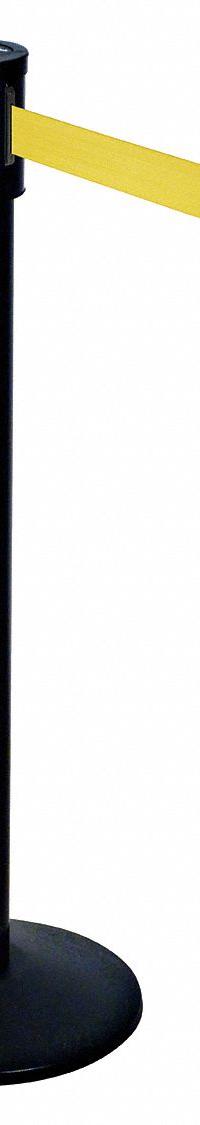 RETRACTA-BELT Barrier Post with Belt: Yellow, No Pattern, No Legend, 15 ft Belt Lg, Black (MPN 321BA-YW). Key specifications — Base Material: Cast Iron; Belt Color: Yellow; Brand: RETRACTA-BELT; Post Material: Aluminum; Post Color: Black; Message: No Legend.