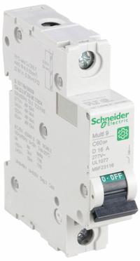 SCHNEIDER IEC Supplementary Protector: 16 A Amps, 60V DC, 14kA at 120/240V AC, Screw Clamp, C60SP, D (MPN M9F23116). Key specifications — Brand: SCHNEIDER; Terminal Connection: Screw Clamp; DC Voltage Rating: 60V DC; Max. AIR Rating: 14kA at 120/240V AC; Series: C60SP; AC Voltage Rating: 240/415V AC; Curve Type: D.