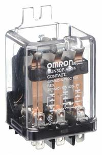 OMRON Flange Mount Relay: Surface (Side Flange) Mounted, 10 A Current Rating, 24V AC, 3PDT (MPN MJN3CF-AC24). Key specifications — Brand: OMRON; Base Type: Octal; Mounting Style: Side Flange; Electrical Connection: Quick-Connect Terminal; Manufacturer Part Number: MJN3CF-AC24; Operating Current: 3 A at 600V AC (Inductive Load); Series: MJN Series.