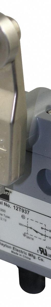 DAYTON Limit Switch: Adj Roller Lever-Arm, Submersible, 1.42 in-lb Op Torque - Max, 2 Mounting Holes (MPN 12T937). Key specifications — Manufacturer Part Number: 12T937; Brand: DAYTON; Electrical Connection: 9.8 ft Cable (4 Wire, 18 AWG, SJT).