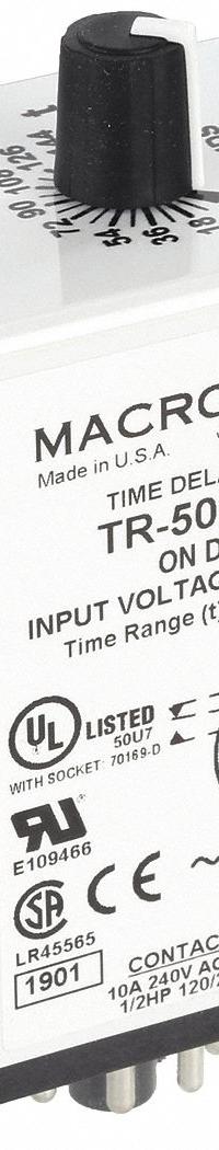 MACROMATIC Single Function Time Delay Relay: Socket Mounted, 120V AC/DC, 10 A, 8 Pins/Terminals (MPN TR-50222-10). Key specifications — Brand: MACROMATIC.