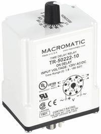 MACROMATIC Single Function Time Delay Relay: Socket Mounted, 120V AC/DC, 10 A, 8 Pins/Terminals (MPN TR-50222-10). Key specifications — Brand: MACROMATIC.
