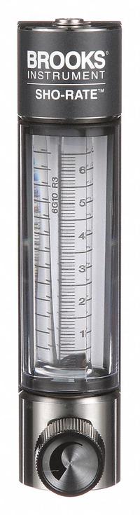 BROOKS Mechanical Flowmeter: Flow Meter, Scale, Variable Area, Panel Mount, Vertical, Liters, FNPT (MPN 1250AR6101MRSVV). Key specifications — Display Type: Scale; O-Ring Material: Viton; Includes Flow Rate Adjustment Knob: Yes; Includes Pressure Guage: No; Mounting Orientation: Vertical; Unit Of Measure: Liters; Brand: BROOKS; Accuracy: +/-5%.