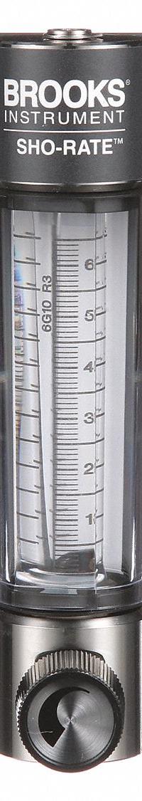 BROOKS Mechanical Flowmeter: Flow Meter, Scale, Variable Area, Panel Mount, Vertical, Liters, FNPT (MPN 1250AR6101MRSVV). Key specifications — Display Type: Scale; O-Ring Material: Viton; Includes Flow Rate Adjustment Knob: Yes; Includes Pressure Guage: No; Mounting Orientation: Vertical; Unit Of Measure: Liters; Brand: BROOKS; Accuracy: +/-5%.