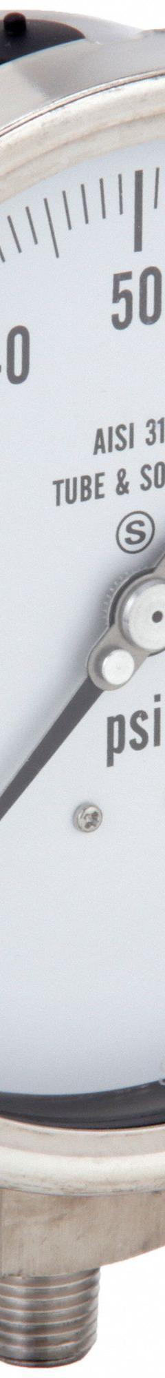 PIC GAUGES Industrial Pressure Gauge: 0 psi to 100 psi, White, 4 1/2 in Dial, 1/4 in NPT Male (MPN 4501-SC-4LE). Key specifications — Brand: PIC GAUGES; Pointer Color: Black; Accuracy: ±0.5%; Dial Color: White; Gauge Wetted Parts: Stainless Steel; Case Material: Stainless Steel; Vibration Resistance Properties: None; Pressure Range: 0 psi to 100 psi.