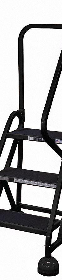 COTTERMAN Rolling Ladder: 2.3 ft Platform Ht, Partially Assembled, Steel, Wt-Actuated Auto-Lock (MPN ST-323 A2 C7 P5). Key specifications — Includes Handrails: Handrails Included; Material: Steel; Brand: COTTERMAN; Color: Black.