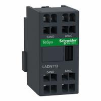 SCHNEIDER Auxiliary Contact Block: 1NO/1NC, 6 A Max Current (AC), Front Mount, Front-Mounted (MPN LADN113). Key specifications — Brand: SCHNEIDER; Compatible with Series: TeSys Deca.