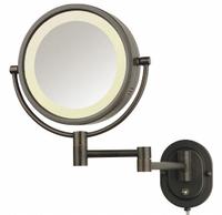 SEE ALL Makeup Mirror: Round, Glass, 13 in Overall Ht, 10 in Overall Wd, 4 in Overall Dp, Wall, 5X (MPN HLBZSA895). Key specifications — Brand: SEE ALL INDUSTRIES; Frame Material: Metal; Frame Finish: Bronze; Frame Color: Bronze; Lighting Location: Front; Mirror Edge Style: Polished Edge; Lighted: Yes.