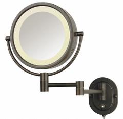 SEE ALL Makeup Mirror: Round, Glass, 13 in Overall Ht, 10 in Overall Wd, 4 in Overall Dp, Wall, 5X (MPN HLBZSA895). Key specifications — Brand: SEE ALL INDUSTRIES; Frame Material: Metal; Frame Finish: Bronze; Frame Color: Bronze; Lighting Location: Front; Mirror Edge Style: Polished Edge; Lighted: Yes.