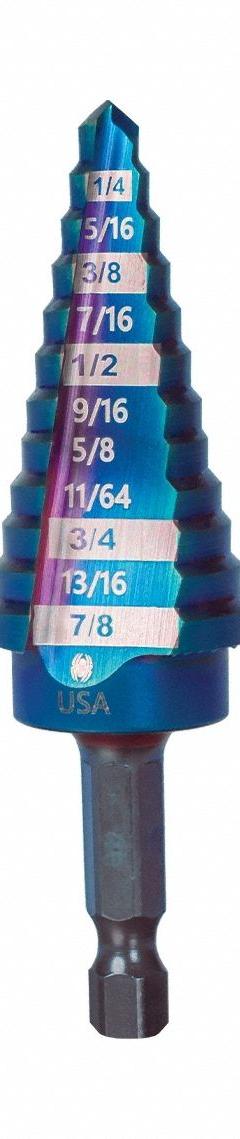 SPYDER Step Drill Bit: 3/16" to 7/8", Black Oxide HSS, Impact Rated, Quick-Change Hex Shank (MPN 19022). Key specifications — attr1234936: Impact Rated.