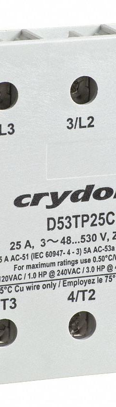 CRYDOM Solid State Relay: Surface Mounted, 50 A Max Output Current, SCR, AC Output (MPN C53TP50C-10). Key specifications — Brand: CRYDOM; Current Type: AC; Finger Safe: Yes; Maximum Output Current without Heat Sink: Not Recommended; Mounting Style: Surface; Output Voltage: 48 to 530V AC; Switch Configuration: Form A; Voltage/Current Type: AC Output.