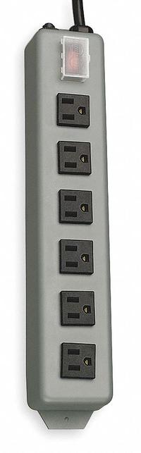 TRIPP LITE Outlet Strip: 6 Outlets, 15 ft Cord Lg, 15 A Current, UL 1363, Gray, 5-15P, 2 1/2 in Wd (MPN UL24RA-15). Key specifications — Brand: TRIPP LITE; Mounting Style: Keyhole.
