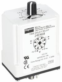 DAYTON Single Function Time Delay Relay: Socket Mounted, 12V DC, 10 A, 8 Pins/Terminals, Interval (MPN 24EN68). Key specifications — Brand: DAYTON.