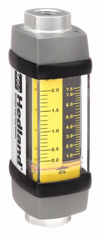 HEDLAND Mechanical Flowmeter: Petroleum Fluid Meter, Scale, Variable Area, Inline, Universal, NPTF (MPN H601A-002). Key specifications — Display Type: Scale; O-Ring Material: Viton; Includes Flow Rate Adjustment Knob: No; Includes Pressure Guage: No; Mounting Orientation: Universal; Unit Of Measure: Gallons; Brand: HEDLAND; Accuracy: +/-2%.