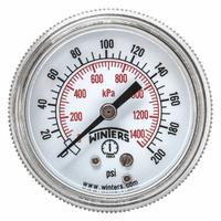 WINTERS Panel-Mount Pressure Gauge: U-Clamp, 0 psi to 200 psi, 2 in Dial, 1/8 in NPT Male, P9U 90, 5 (MPN P9U901426UC). Key specifications — Accuracy: ±2-1-2%; Brand: WINTERS; Vibration Resistance Properties: None; Gauge Wetted Parts: Brass / Bronze.