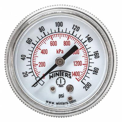 WINTERS Panel-Mount Pressure Gauge: U-Clamp, 0 psi to 200 psi, 2 in Dial, 1/8 in NPT Male - U-Clamp Panel-Mount with Brass/Bronze Wetted Parts