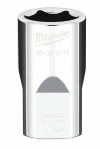 MILWAUKEE Standard Socket: Metric, 1/2 in Drive Size, 15 mm Socket Size, 6-Point, Std, Chrome (MPN 45-34-9116). Key specifications — attr1204417: MILWAUKEE; attr1204392: Chrome.