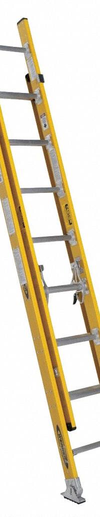 WERNER Extension Ladder: 16 ft Ladder Size, Fiberglass, 375 lb Load Capacity, 39 lb Wt, 2 Sections (MPN 7116-2). Key specifications — Color: Yellow; Brand: WERNER; Included Features: Rope and Pulley; Removable Fly: Removable.