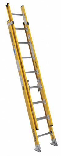 WERNER Extension Ladder: 16 ft Ladder Size, Fiberglass, 375 lb Load Capacity, 39 lb Wt, 2 Sections (MPN 7116-2). Key specifications — Color: Yellow; Brand: WERNER; Included Features: Rope and Pulley; Removable Fly: Removable.