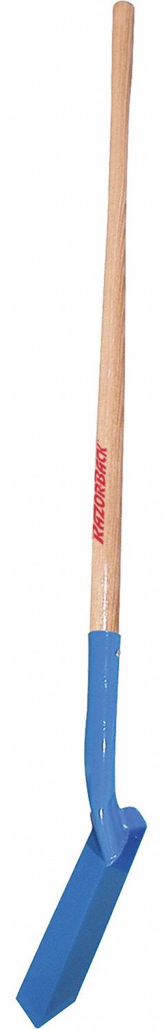 RAZOR-BACK Trenching Shovel: Steel Blade, 14 ga, Straight Handle Type, Wood Handle, 3 in Handle Lg (MPN 47023). Key specifications — Blade Color: Blue; Handle Color: Natural; Blade Material: Steel.