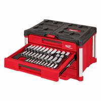 MILWAUKEE Socket Set: 1/4 in, 3/8 in, 1/2 in Drive Size, 5/32 in - 1-1/8 in/5 mm - 24 mm Socket Size (MPN 48-22-9491). Key specifications — attr1226214: PACKOUT™; attr1204251: MILWAUKEE; attr1215453: 1/4 in, 3/8 in, 1/2 in; attr1215454: 5/32 in - 1-1/8 in; attr1224229: Friction.