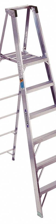 WERNER Platform Stepladder: 6 ft Ladder Size, Aluminum, 300 lb Load Capacity, 23 lb Wt (MPN P376). Key specifications — Brand: WERNER; Included Features: Guard Rail.