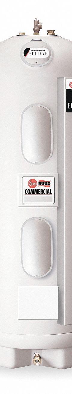 RHEEM-RUUD Electric Water Heater: 240V AC, 105 gal, 18,000 W, Single/Three Phase, 70.8 in Ht (MPN ME105-18). Key specifications — Phase: Single; Brand: RHEEM-RUUD.