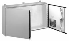 HOFFMAN Enclosure: Steel, 24 in x 42 in x 8 in, NEMA 12/13, Solid Cover, Hinged (MPN A244208WFLP). Key specifications — Brand: HOFFMAN; Closure Method: Keyed Handle; Knockouts: Not Included.