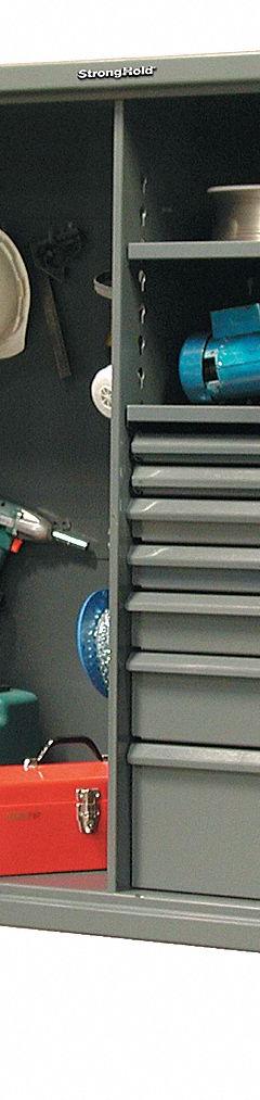 STRONG HOLD Storage Cabinet: Casters, 60 in x 24 in x 67 3/4 in, Swing, Padlock Hasp, 2 Shelves, Adj (MPN 55-242-7/5DB-CA). Key specifications — Frame Assembled: Assembled; Cabinet Finish: Baked Enamel; Cabinet Material: Steel; Base Type: Casters; Cabinet Color: Dark Gray; Shelf Adjustability: Adjustable; Cabinet Storage Components: Drawers; Brand: STRONG HOLD.