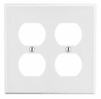 HUBBELL Wall Plate: Duplex Outlet, 2 Gang, White, Std Size (MPN P82W). Key specifications — Brand: HUBBELL; Material: Polycarbonate.