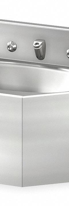 ACORN Bathroom Sink: Stainless Steel, 14 3/4 in Bowl Lg, 5 in Bowl Dp, Not ADA Compliant (MPN 1657-1-BP-04-M). Key specifications — Faucet Operation: Dual Metering Handle; ADA Compliant: Not ADA Compliant; Color: Silver; Bowl Shape: Oval; Brand: ACORN; Sink Mounting Type: Wall.