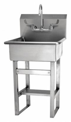 SANI-LAV Hand Sink: 46 1/2 in Overall Ht, 20 in Bowl Lg, 9 in Bowl Dp, 0.5 gpm Flow Rate, 16 ga (MPN 524F-0.5). Key specifications — Includes Side Splash: Side Splash Not Included; Brand: SANI-LAV.