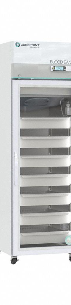 COREPOINT SCIENTIFIC Blood Bank Refrigerator: 23 cu ft, Upright, 1°C to 10°C, 35 3/4 in Overall Dp (MPN NSBR231WSG-0). Key specifications — Door Opening Style: Right; Color: White; Alarm Type: Temperature; Manufacturer Part Number: NSBR231WSG-0; Brand: COREPOINT SCIENTIFIC; Product Type: Blood Bank Refrigerator; Door Type: Swing Glass; Refrigerant Type: R-600a.