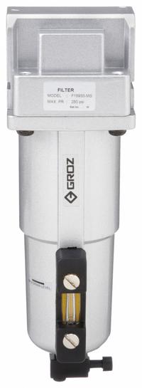 GROZ Compressed Air Filter: Particulate, 1/2 in NPT, 40 micron, 125 cfm, 290 psi Max Op Pressure (MPN F15933-MS). Key specifications — attr110055: Standard Duty; attr110008: GROZ.