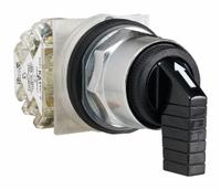 SCHNEIDER Selector Switch: 30 mm Panel Mounting Size, 3 Positions, Extended Lever, SPDT, Metallic (MPN 9001KS43FBH13). Key specifications — AC Contact Rating: 1.5 A @ 480 V; Action: Maintained/Maintained/Maintained; Cam: C; DC Contact Rating: 0.55 A @125 V; Hazardous Location Specification: Not Rated; Operator Head Material: Polycarbonate; Operator Head Type: Long-Handled Knob; Operator Illumination: Non-Illuminated.