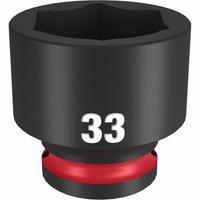 MILWAUKEE Standard Impact Socket: 1/2 in Drive Size, Metric, 33 mm Socket Size, 6-Point, Std (MPN 49-66-6265). Key specifications — attr1215501: MILWAUKEE; attr1215515: Black Phosphate; attr1215518: 33 mm.