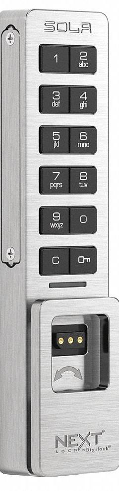 SOLA Electronic Keyless Lock: Brushed Nickel, Cam Latch, 5 1/4 in Body Ht, 1 1/4 in Body Wd, Keypad (MPN NLS3-K1-KT10-619-01B-3203). Key specifications — Finish: Brushed Nickel; Latch Type: Cam Latch; Brand: SOLA; Manufacturer Part Number: NLS3-K1-KT10-619-01B-3203.