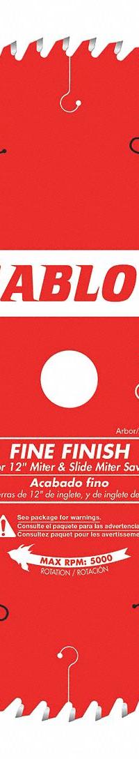 DIABLO Circular Saw Blade: 12 in Blade Dia., 80 Teeth, 0.12 in Cut Wd, 1 in Arbor Size, Finishing (MPN D1280X). Key specifications — attr1116119: DIABLO; attr1145631: Plywood.